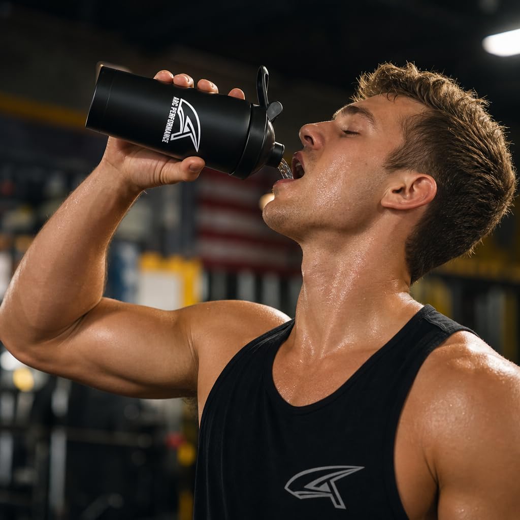 Athlet trinkt aus Arc Performance Shaker im Gym