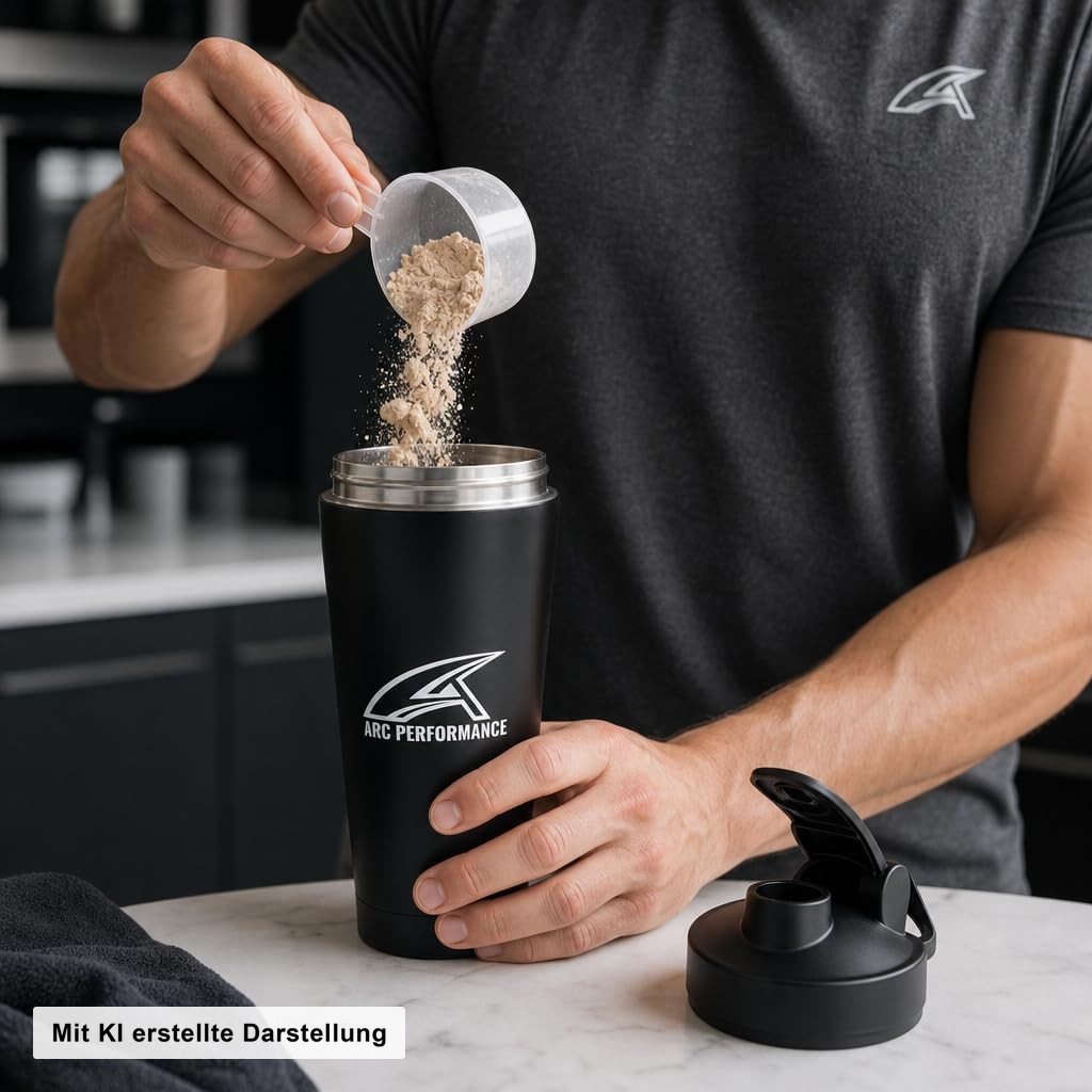 Arc Performance Protein Shaker in Anwendung: Proteinpulver wird eingefüllt. Mit KI erstellte Darstellung.
