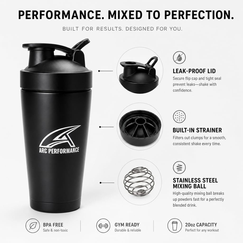 Arc Performance Shaker – Features: Leak-Proof Lid, Built-in Strainer, Mixing Ball
