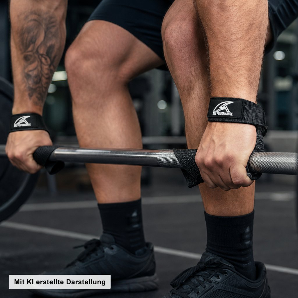 Athlet mit Arc Performance Lifting Straps Schwarz beim Kreuzheben. Mit KI erstellte Darstellung.
