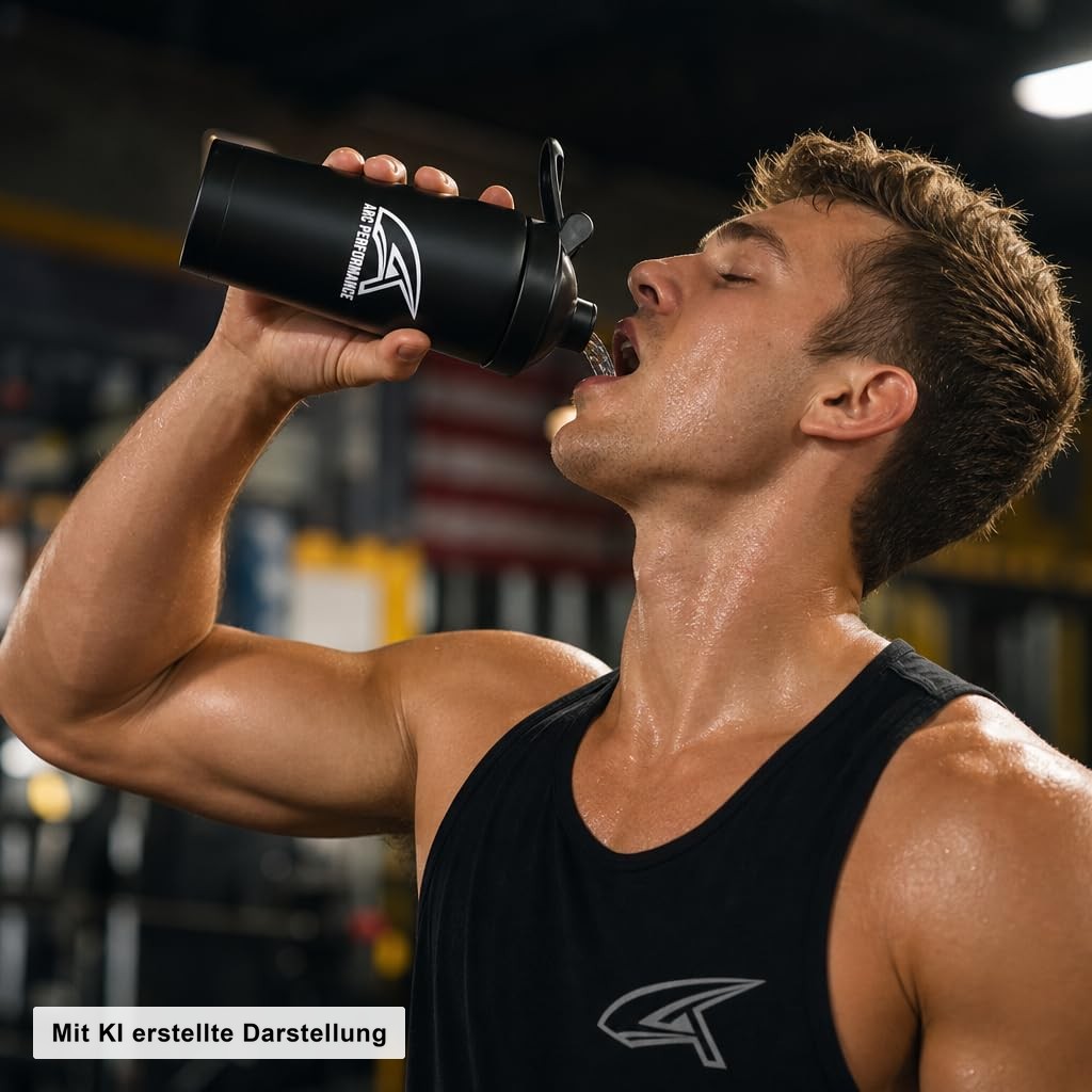Athlet trinkt aus Arc Performance Protein Shaker im Gym. Mit KI erstellte Darstellung.