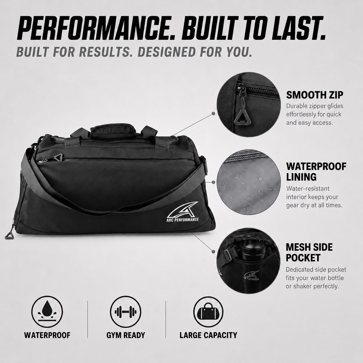 Arc Performance Sporttasche Schwarz – Features: Smooth Zip, Waterproof Lining, Mesh Side Pocket